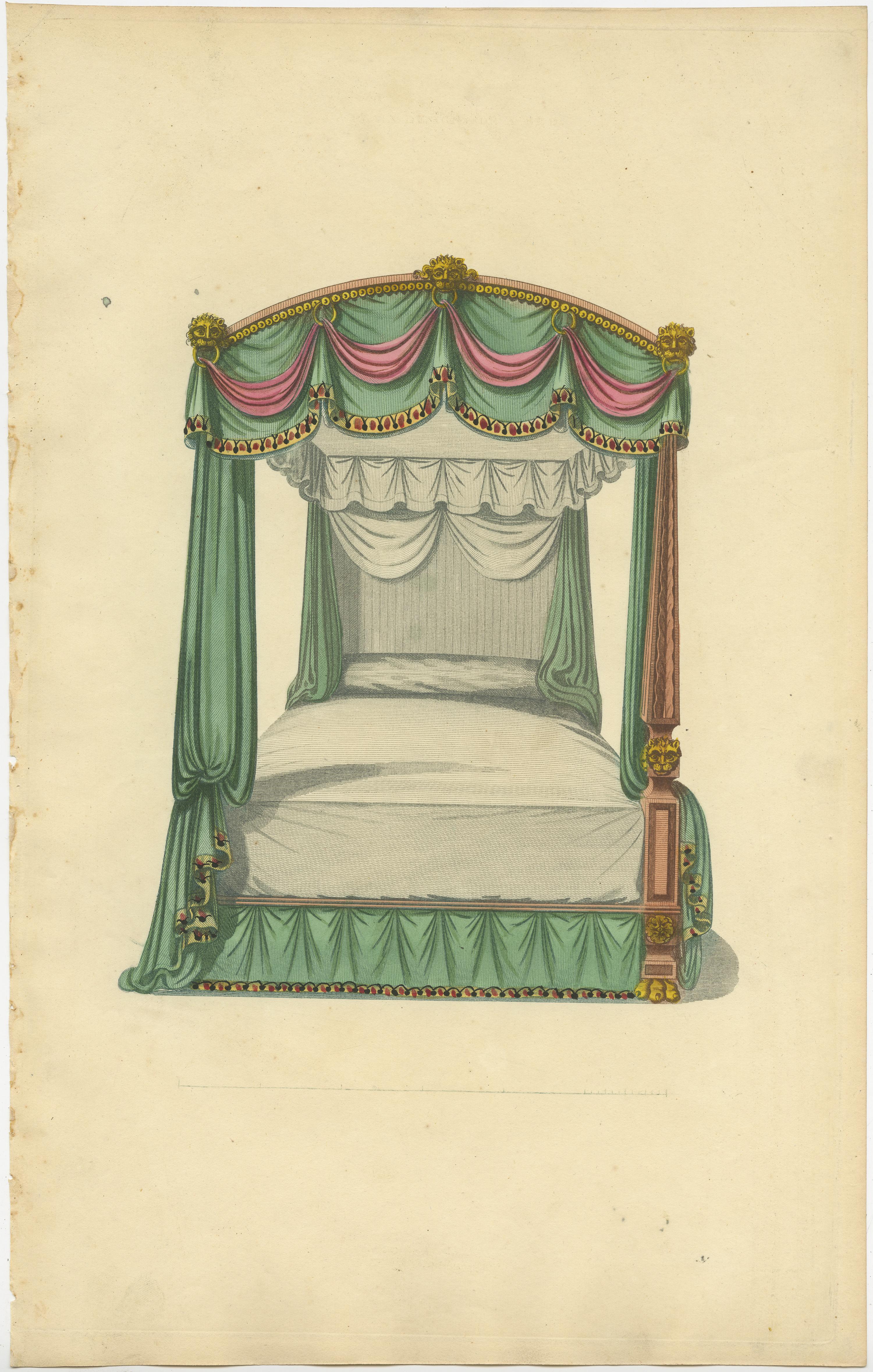 Set of 7 Antique Prints of Beds with Drapery by Sheraton '1805' For Sale 1