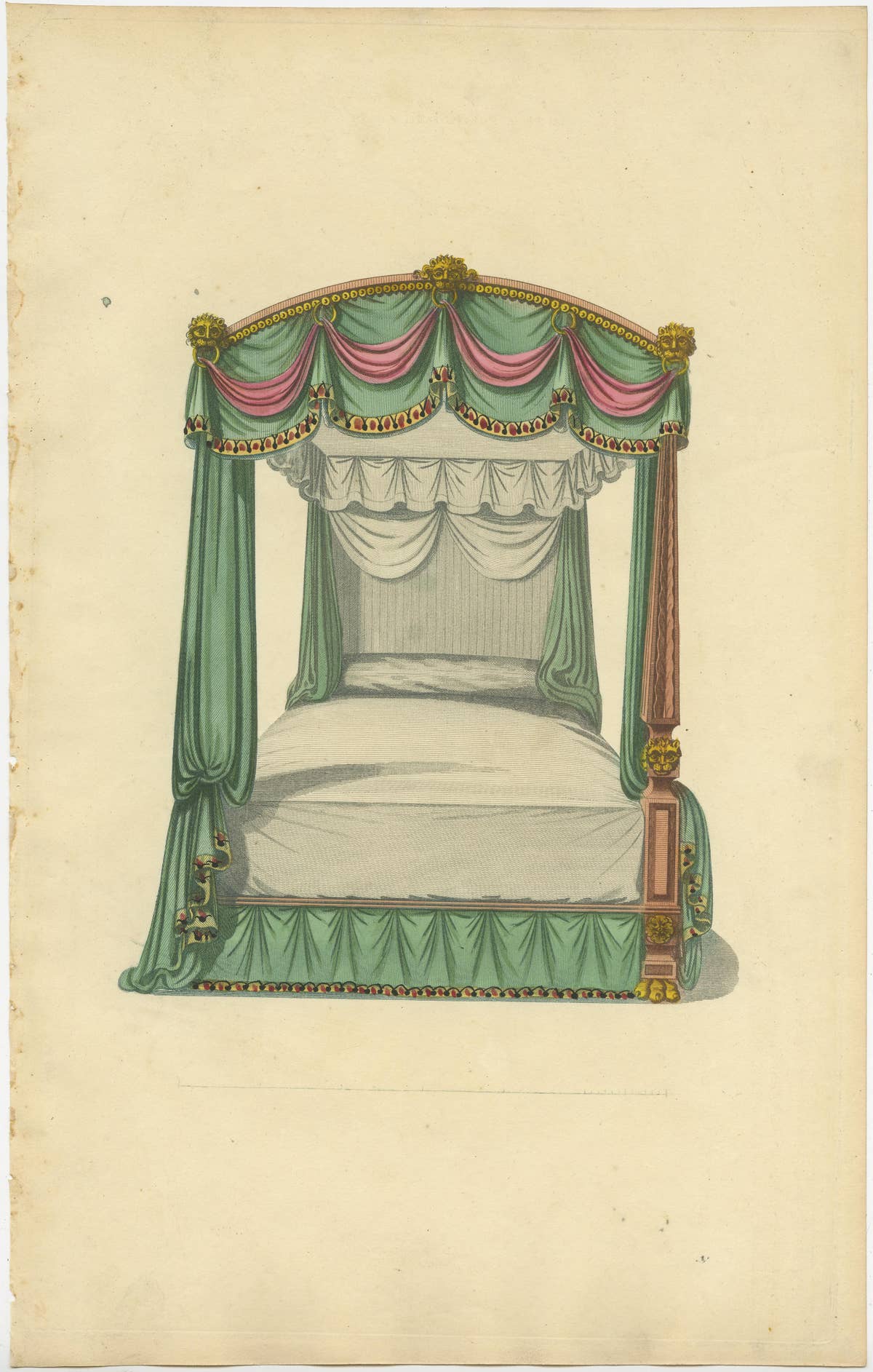 Set of 7 Antique Prints of Beds with Drapery by Sheraton '1805'