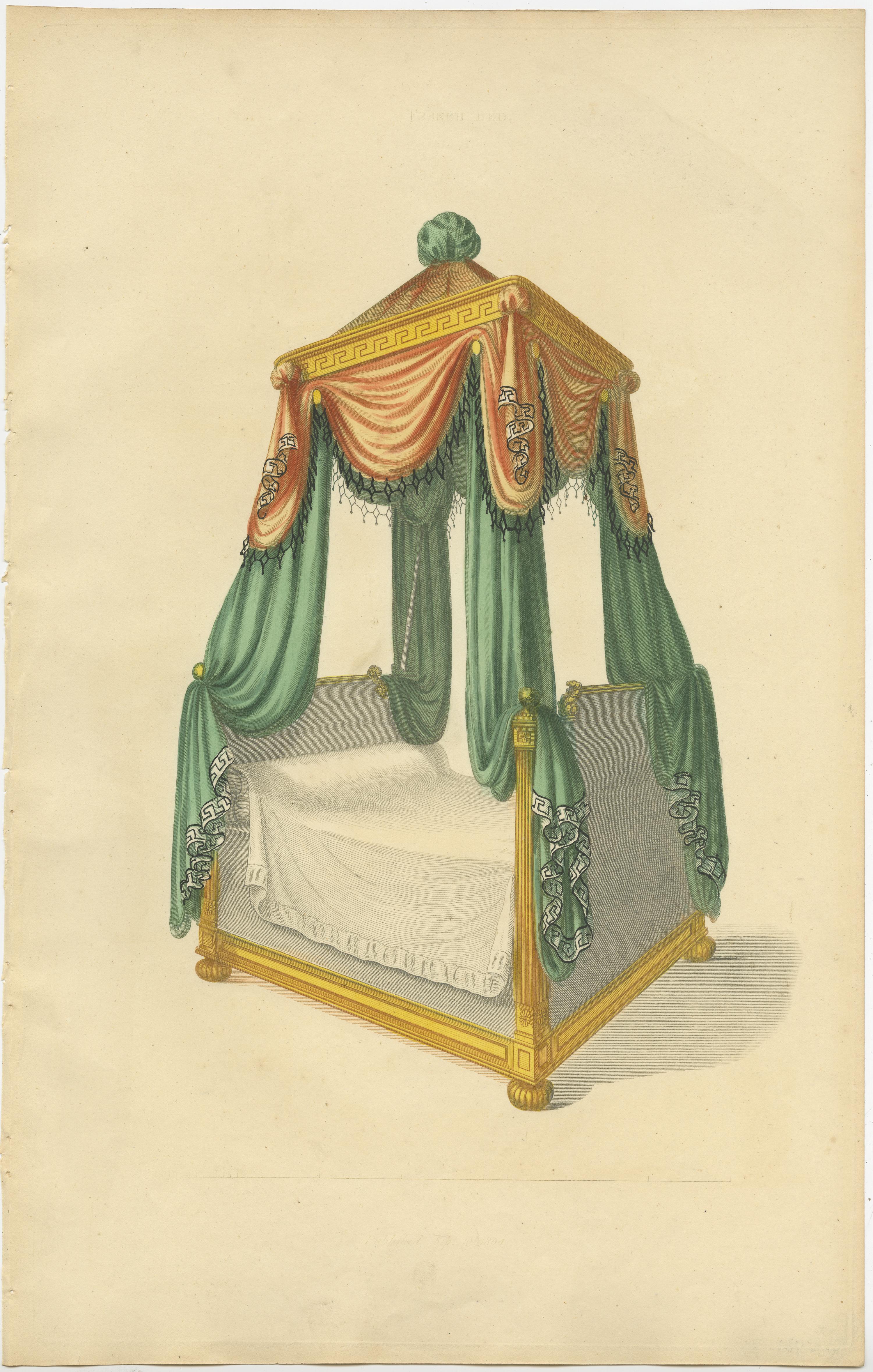 Set of 7 Antique Prints of Beds with Drapery by Sheraton '1805' For Sale 2