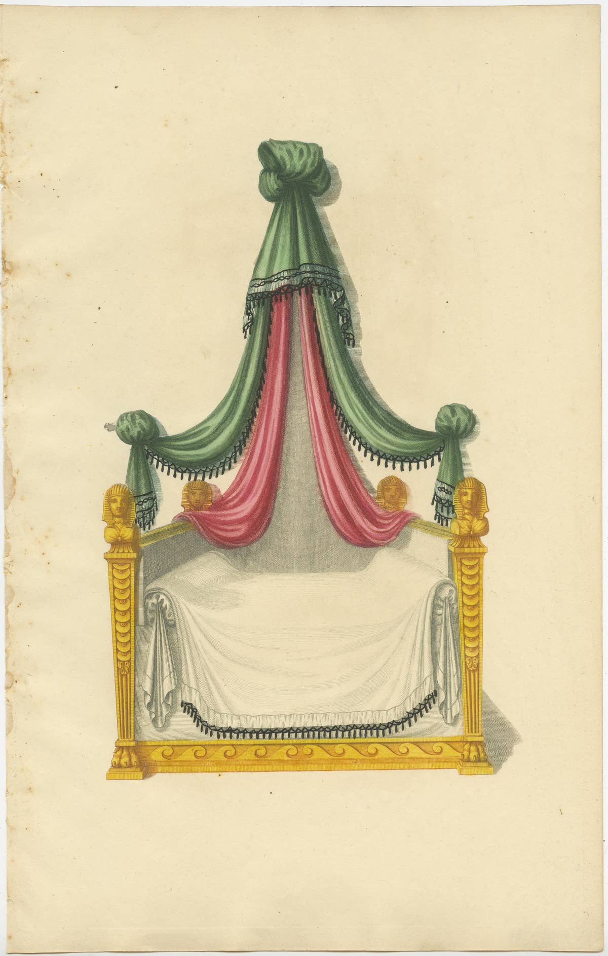 Set of 7 Antique Prints of Beds with Drapery by Sheraton '1805'