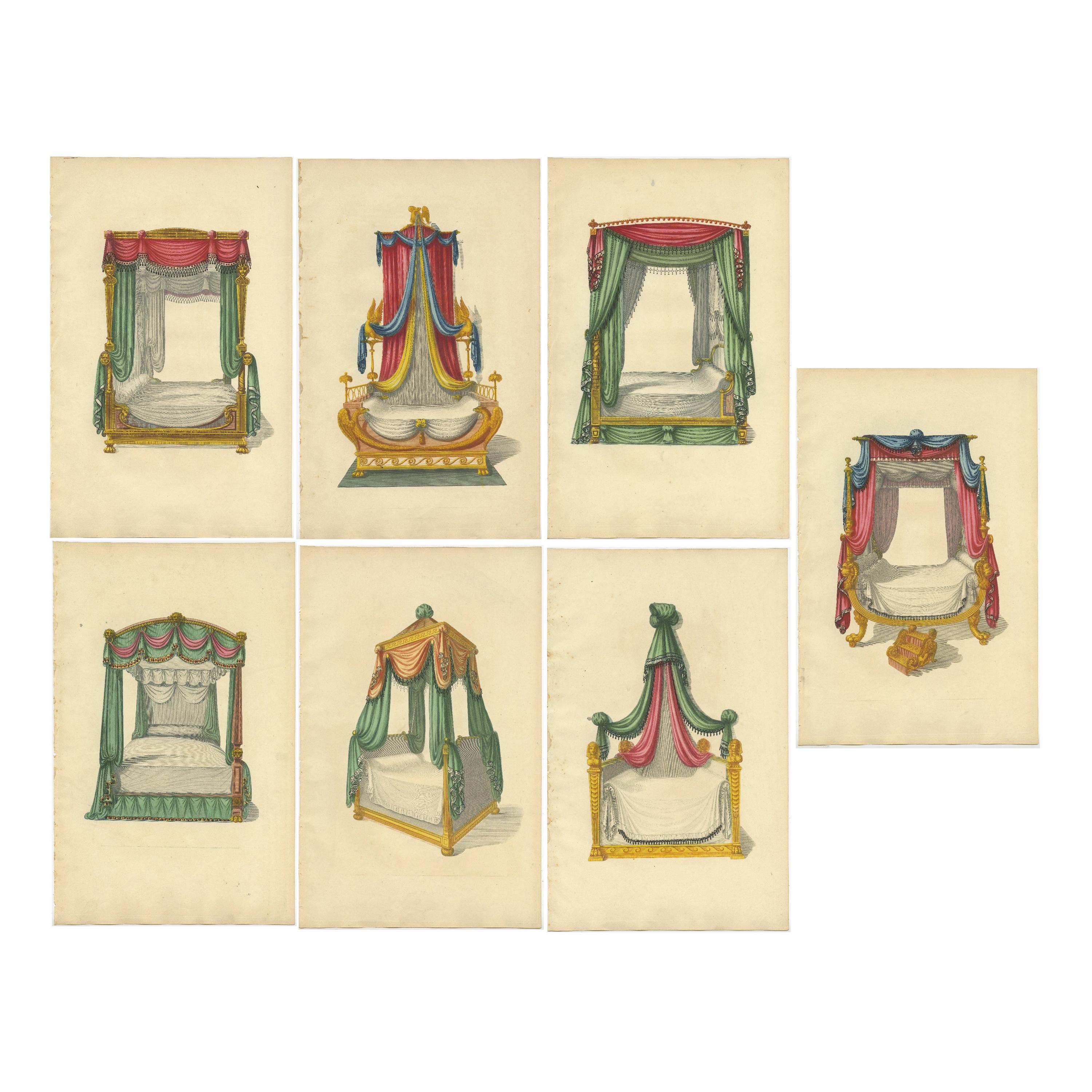 Set of 7 Antique Prints of Beds with Drapery by Sheraton '1805' For Sale