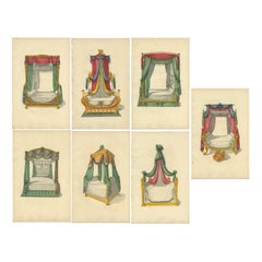 Set of 7 Used Prints of Beds with Drapery by Sheraton '1805'