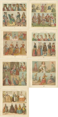 Set of 7 Antique Prints of French 18th-19th Century Women's Outfits, circa 1880