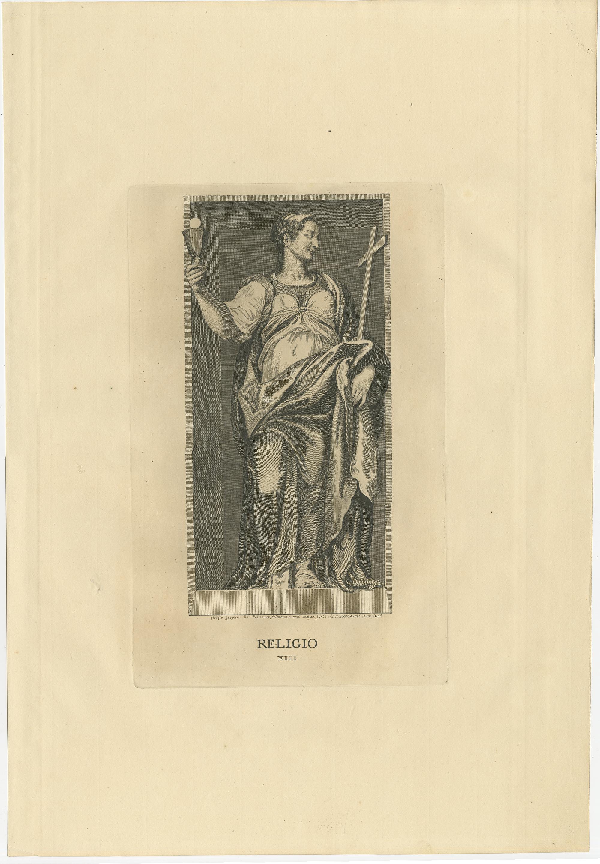 Set of seven antique prints of various personifications including:

1) Plate XIII: Personification of Religion, section of a fresco from the Anticamera del Concilio, Caprarola; a female figure holding a cross with her left hand and with the right