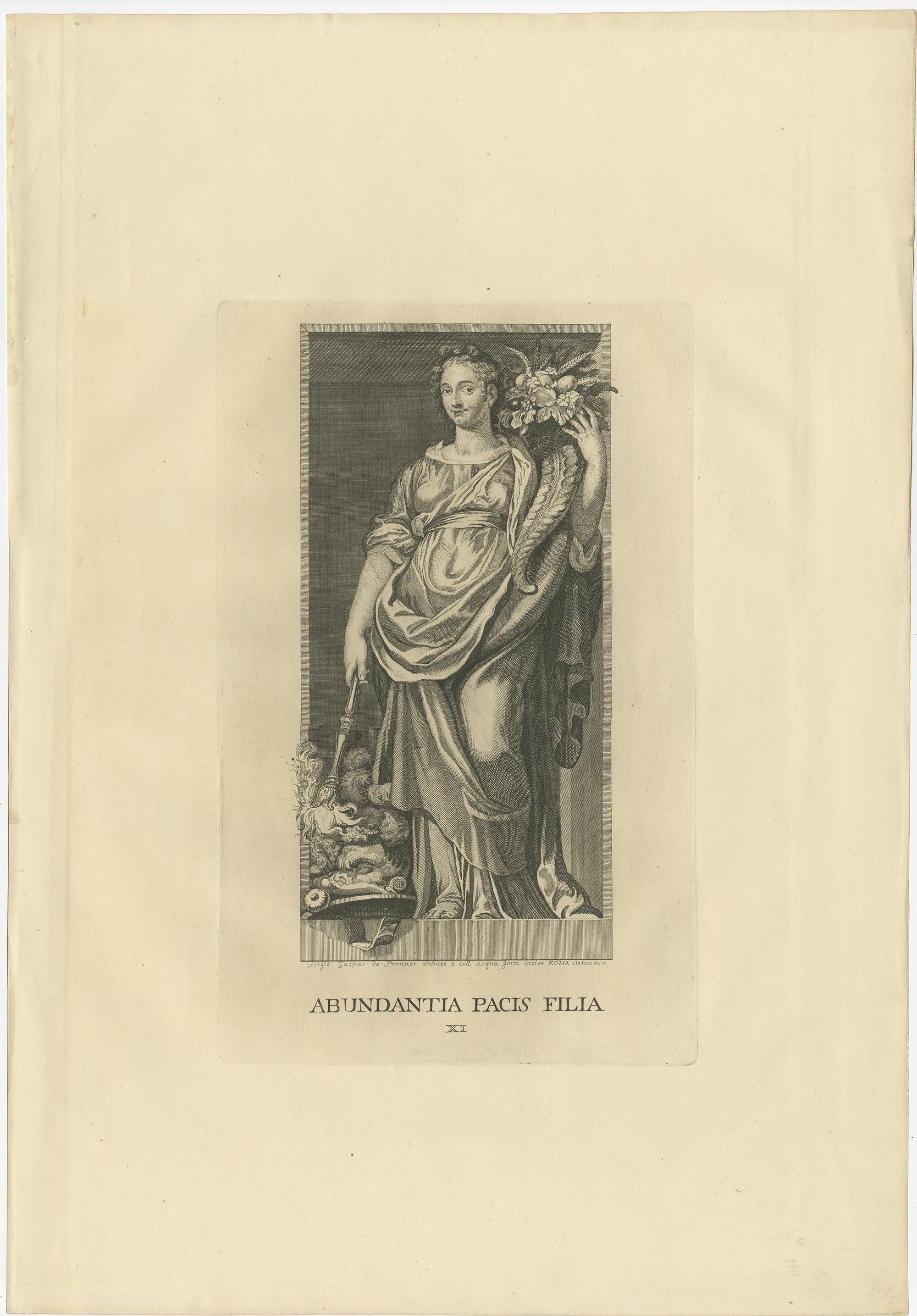 18th Century Set of 7 Antique Prints of Various Personifications by Von Prenner, '1748' For Sale