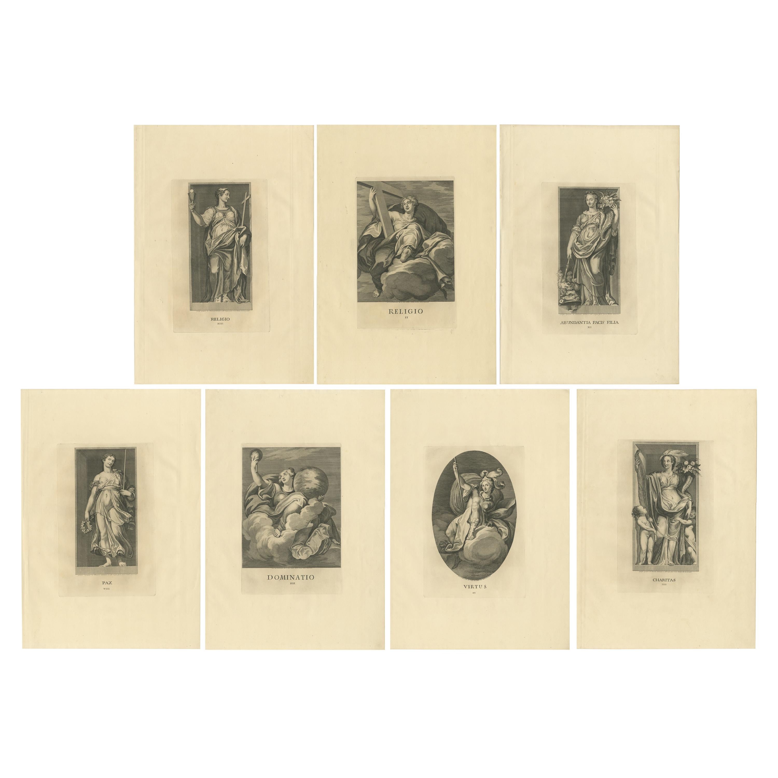 Ensemble de 7 estampes anciennes de diverses personnifications de Von Prenner, 1748