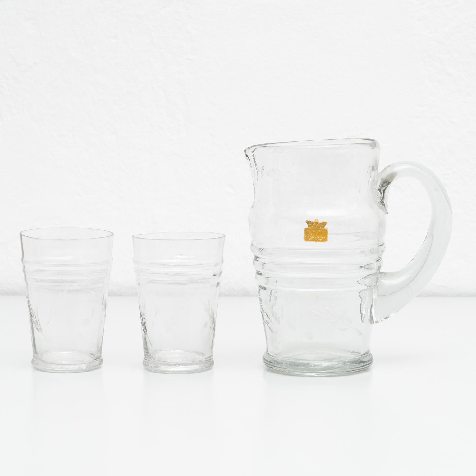 Mid-Century Modern Set of 7 Antique Spanish Water Glasses and Jar, circa 1950 For Sale