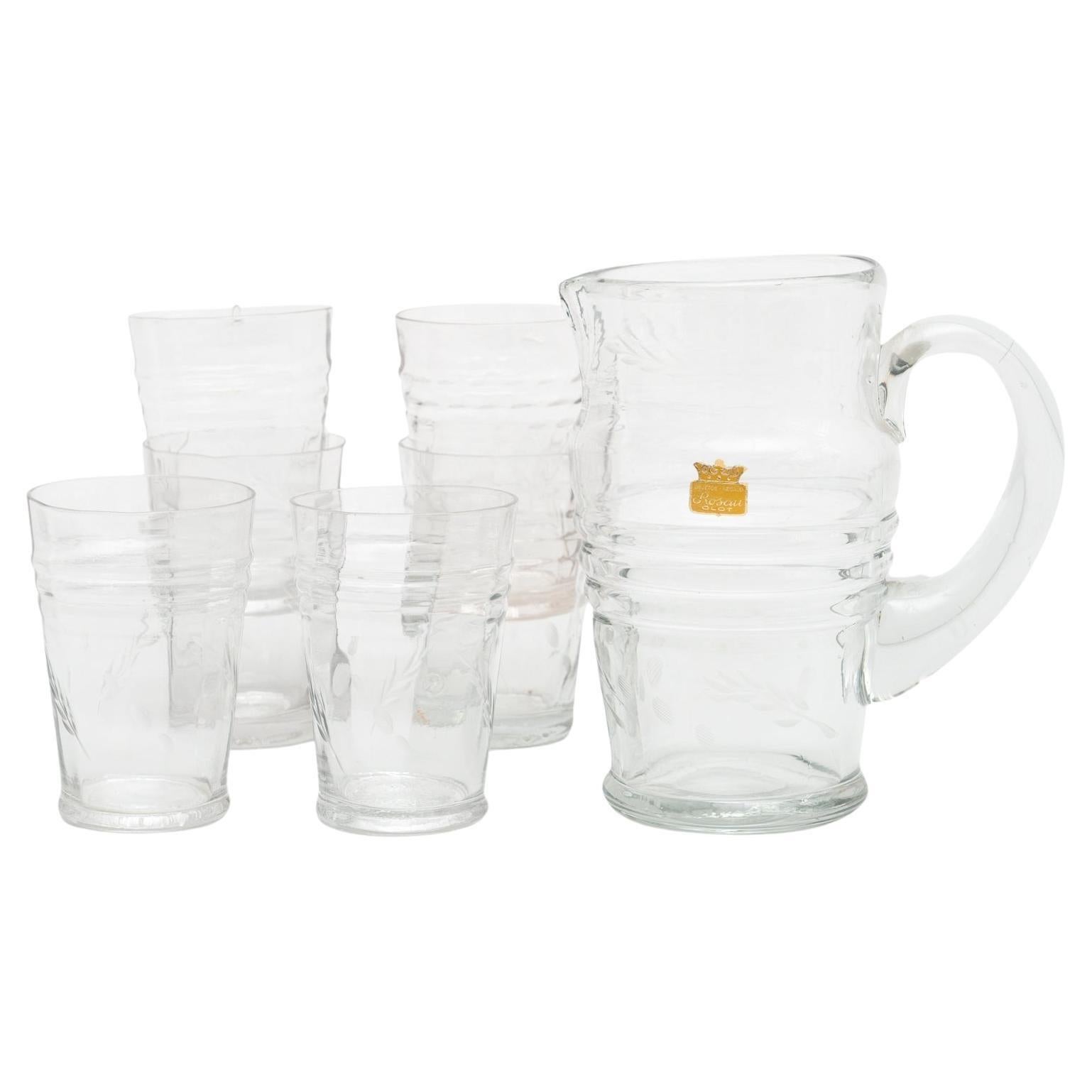 Set of 7 Antique Spanish Water Glasses and Jar, circa 1950
