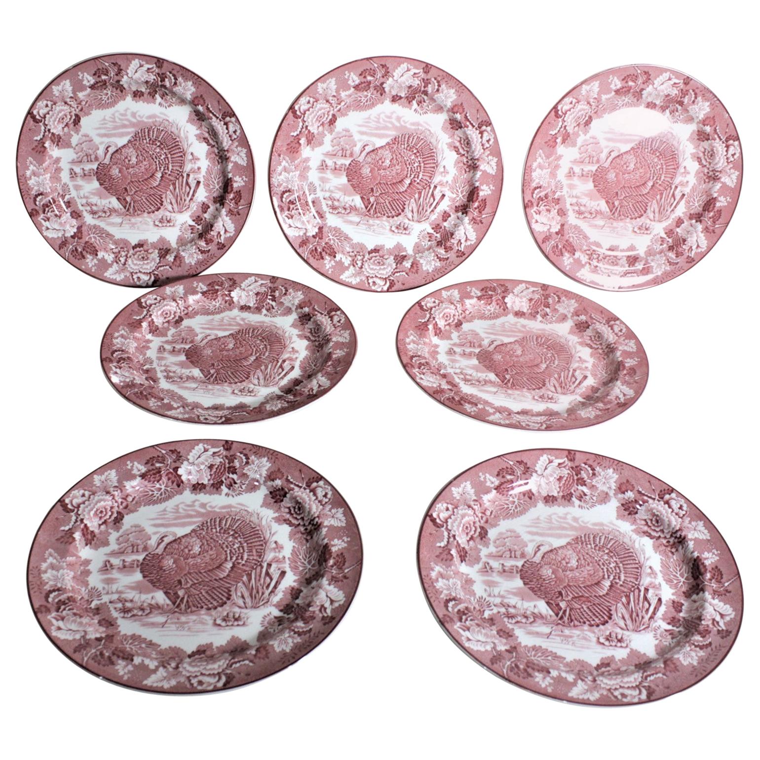 Set of 7 Antique Woods Burslem Enoch Red Transferware Turkey Dinner Plates
