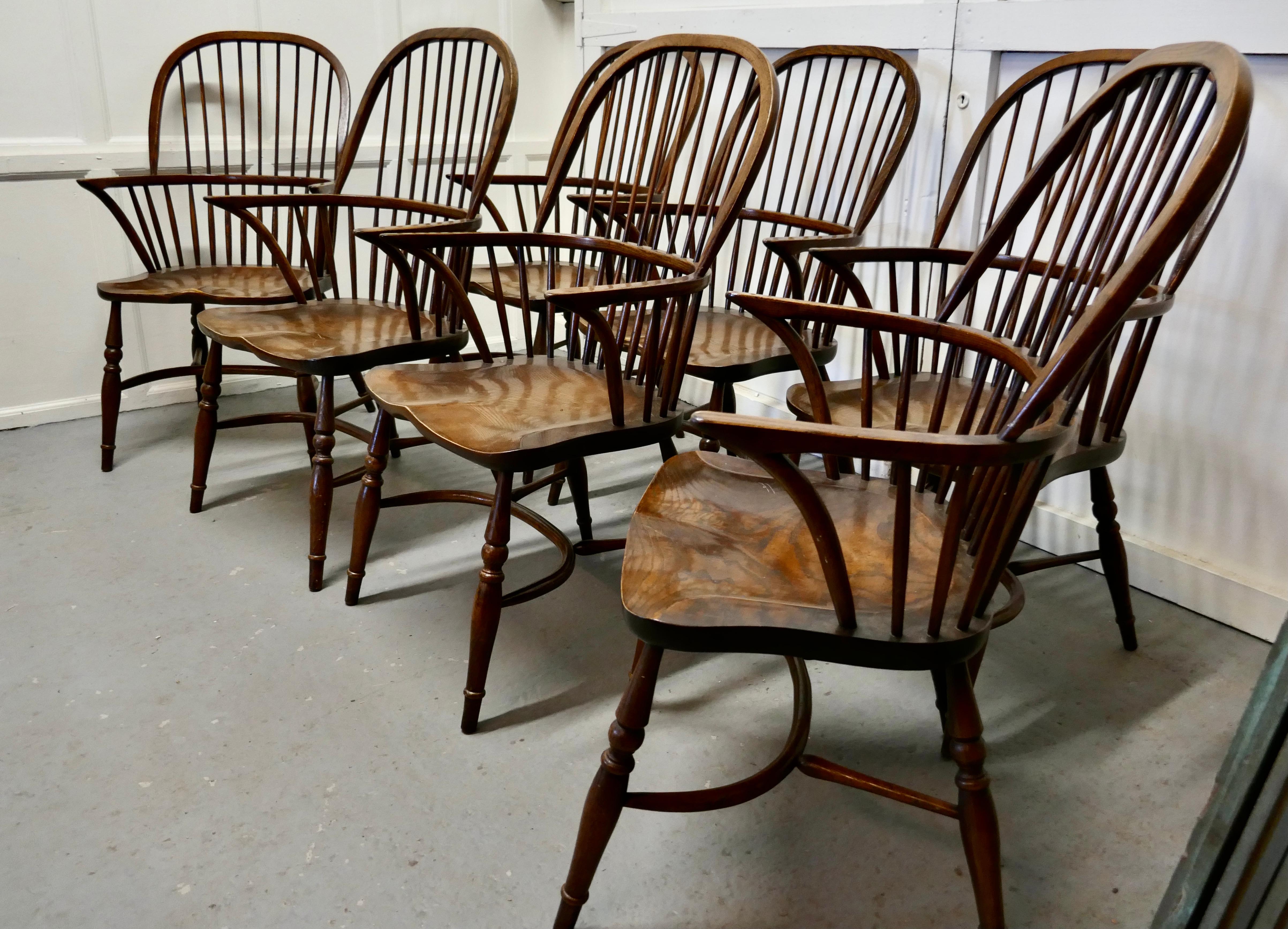 Set of 7 Arts & Crafts beech and elm windsor carver chairs


The chairs are large pieces with a Saddle seat, turned legs and a crinoline stretcher 
The chairs were made in the 1960s, they are are a timeless classic made from Beech and Elm in the