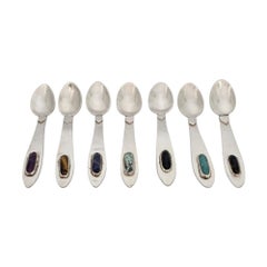 Set of 7 Arts & Crafts Era Sterling Silver Multi-Stone Small Spoons #21585