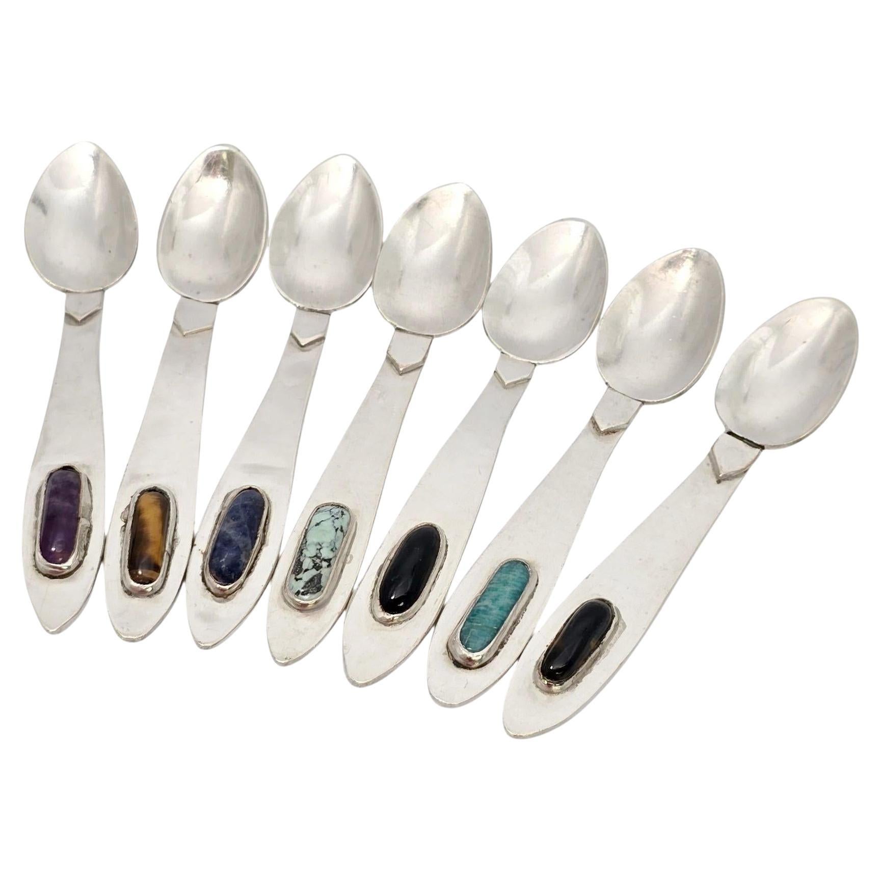 Set of 7 Arts & Crafts Era Sterling Silver Multi-Stone Small Spoons #21585