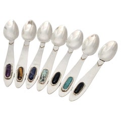 Juego de 7 cucharas pequeñas multipiedra de plata de ley de la época Arts & Crafts nº 21585