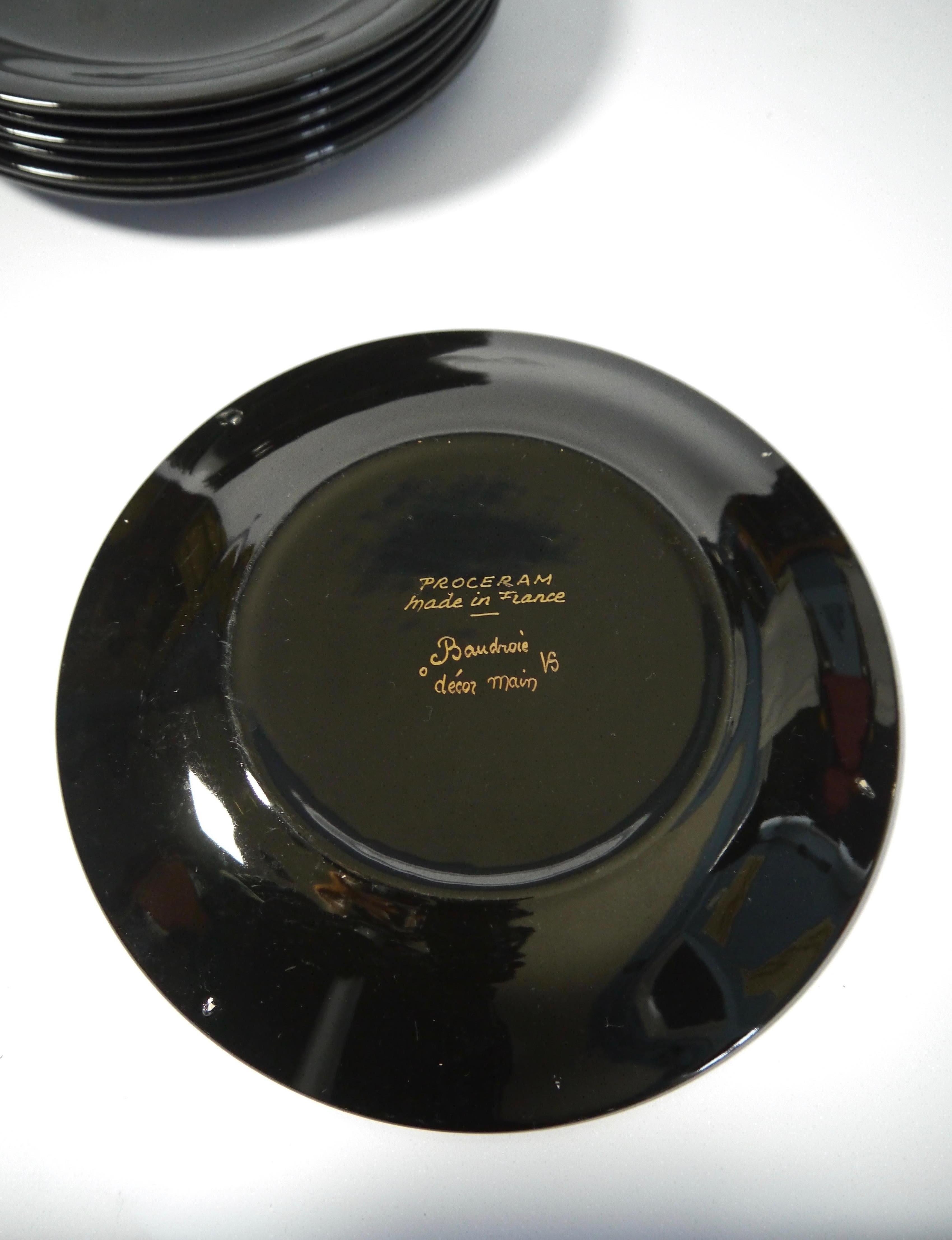 Set of 7 Black Dining Plates with Hand Painted Aquatic Animals, France, 1960s For Sale 5
