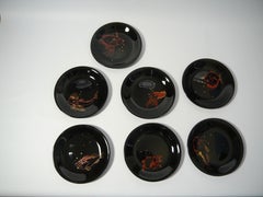 Set of 7 Black Dining Plates with Hand Painted Aquatic Animals, France, 1960s