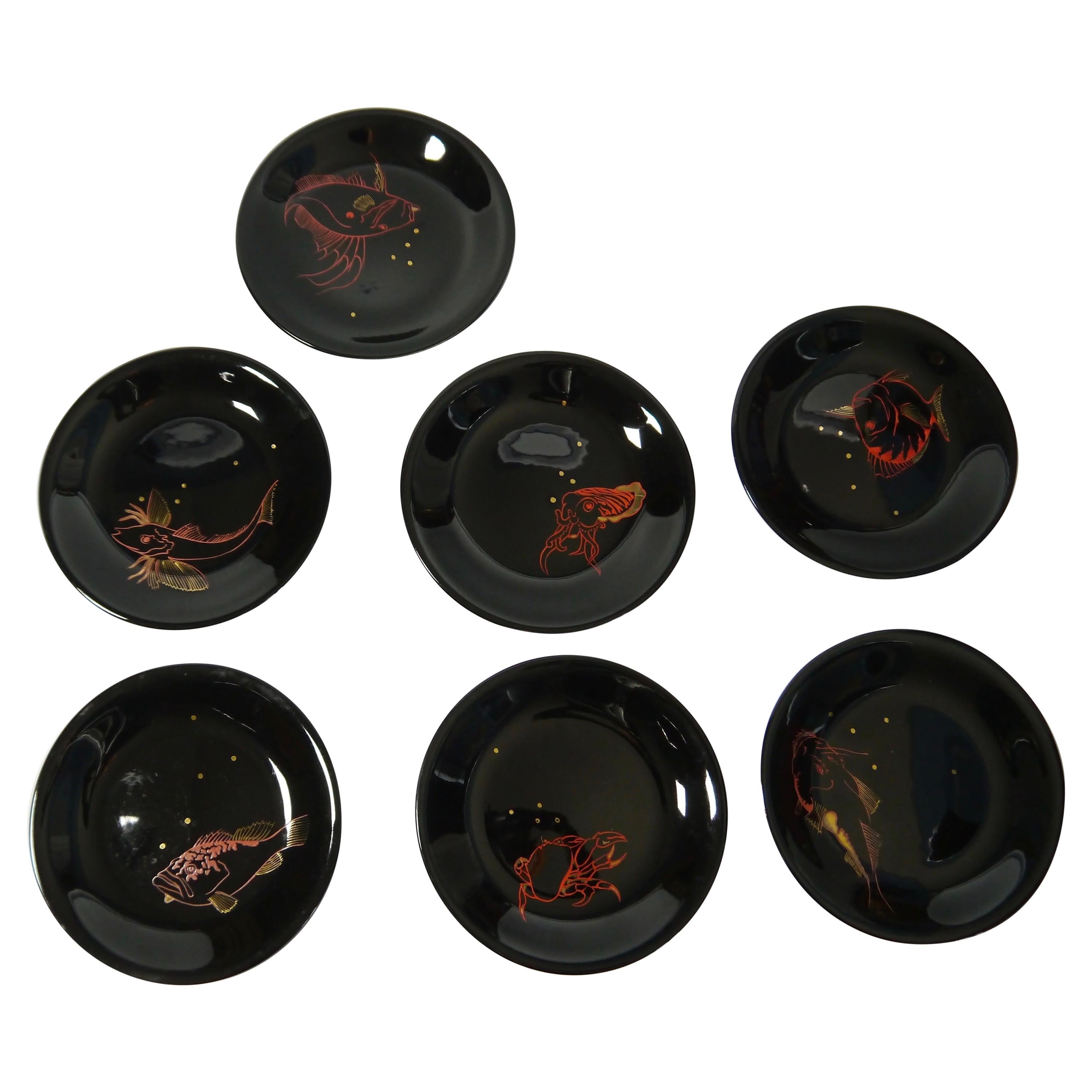 Set of 7 Black Dining Plates with Hand Painted Aquatic Animals, France, 1960s
