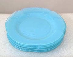 Set of 7 Blue Opaline Dinner Plates Dinnerware Serving Plates Mid-Century Modern