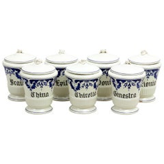 Antique Set of 7 Blue & White Apothecary Jars