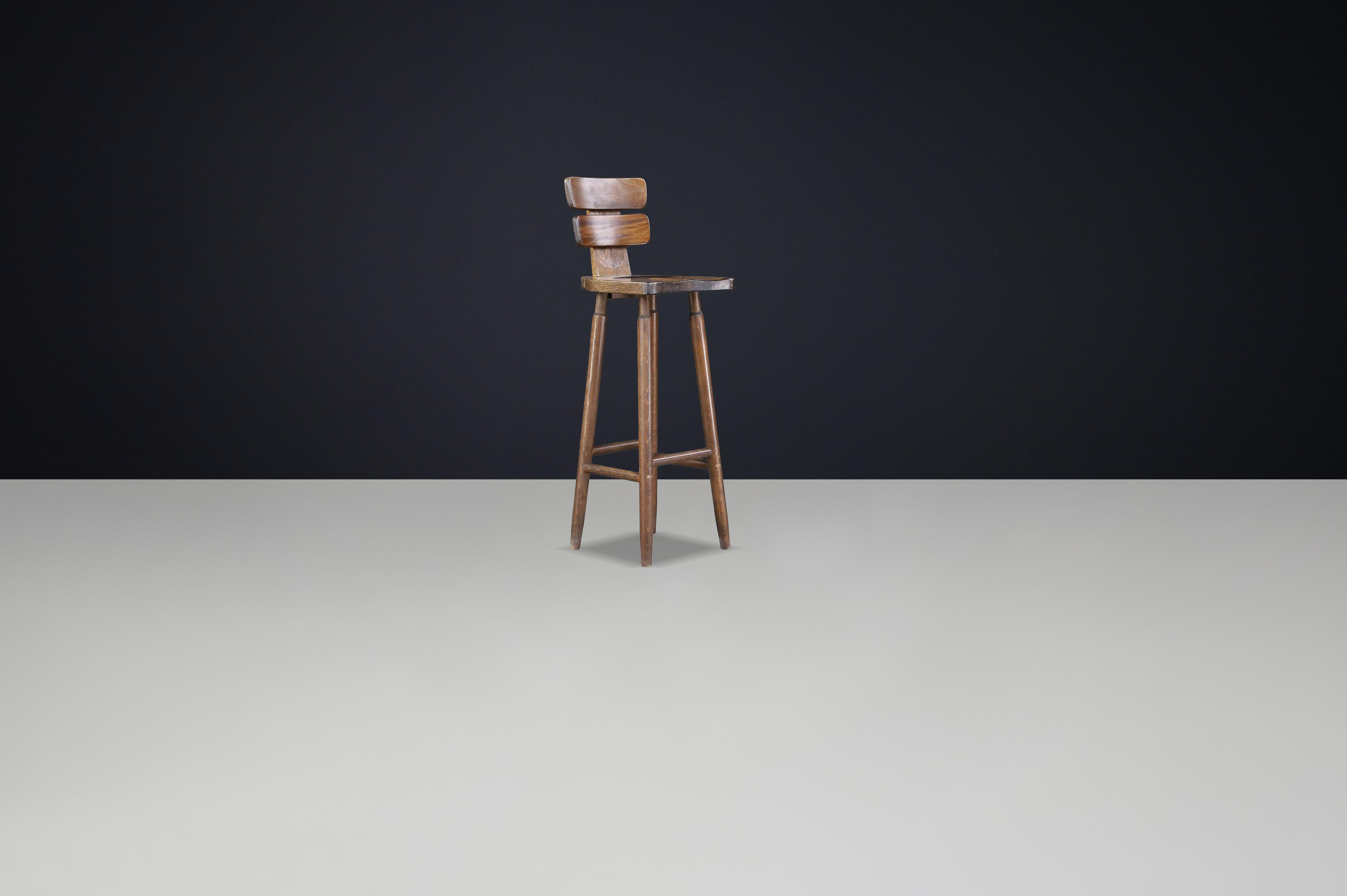 Set of 7 Brutalist Bar Stools in Patinated Beechwood, France, 1960s For Sale 5