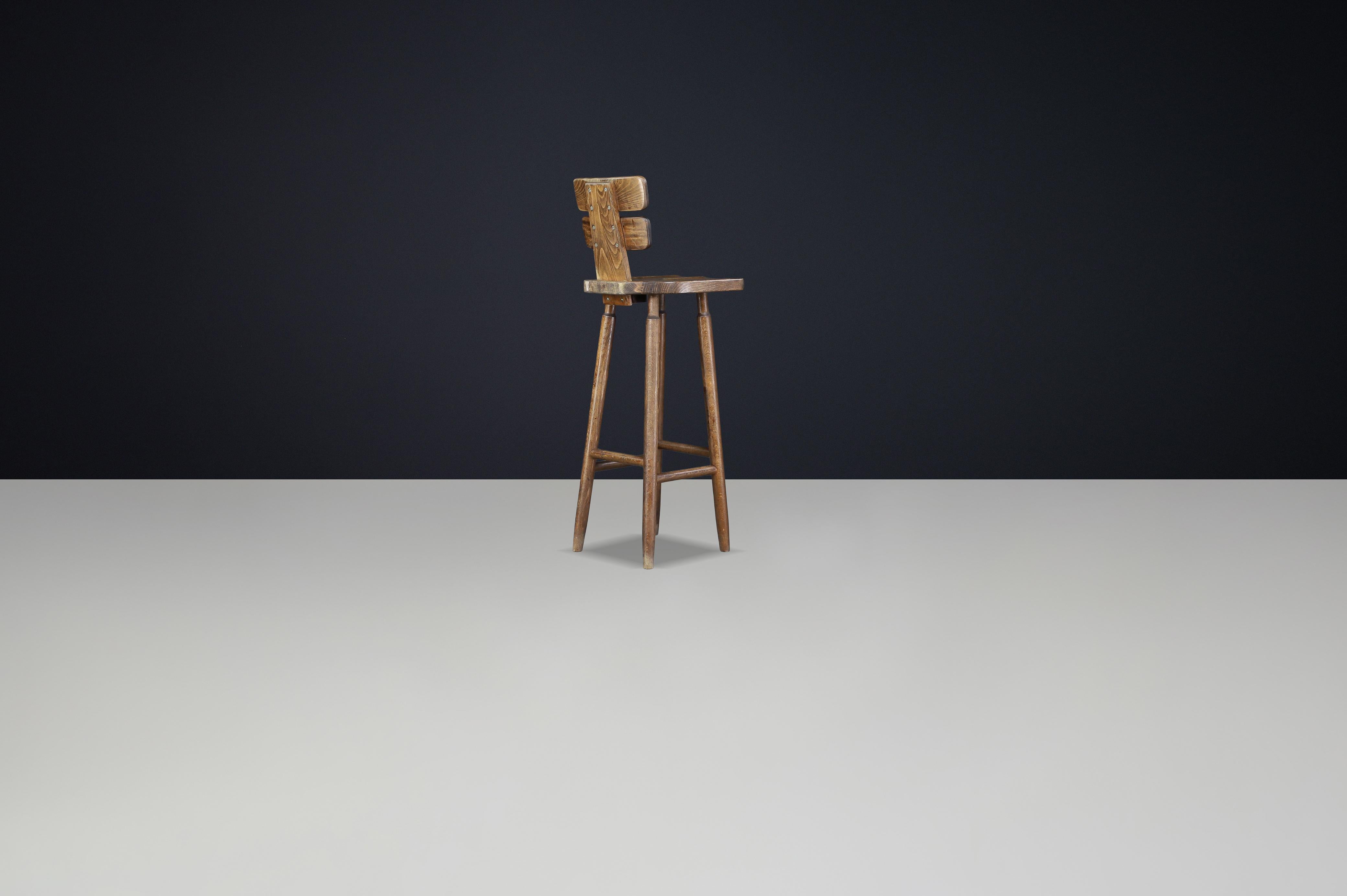 Set of 7 Brutalist Bar Stools in Patinated Beechwood, France, 1960s For Sale 3