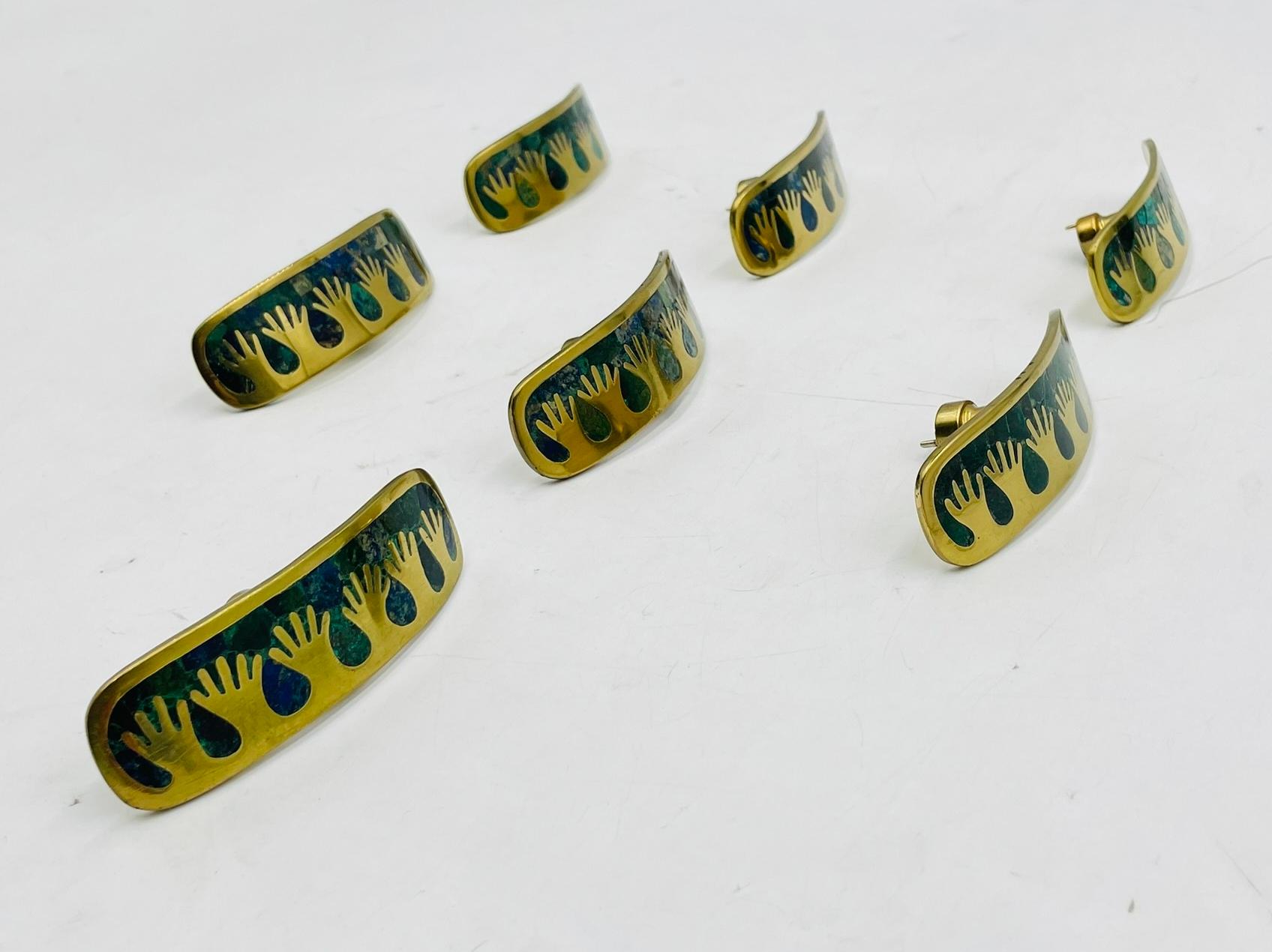 Metà XX secolo Set di 7 maniglie per armadi in ottone e intarsio di pietra di Los Castillo, Messico, anni '50 in vendita