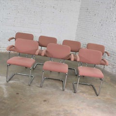 Set of 7 Cantilevered Chrome and Mauve Breuer Cesca Style Dining Chairs by Virco