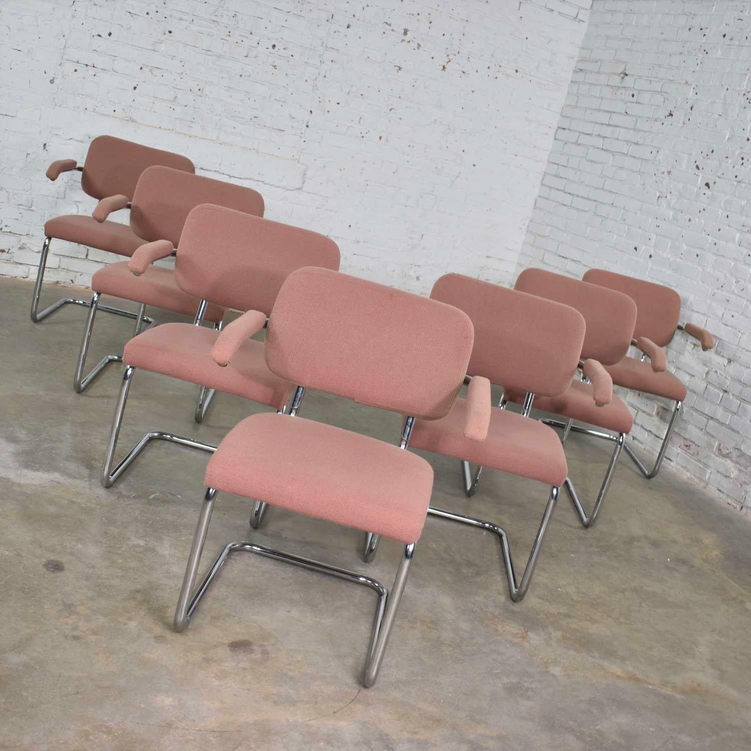 Bauhaus Set of 7 Cantilevered Chrome and Mauve Breuer Cesca Style Dining Chairs by Virco