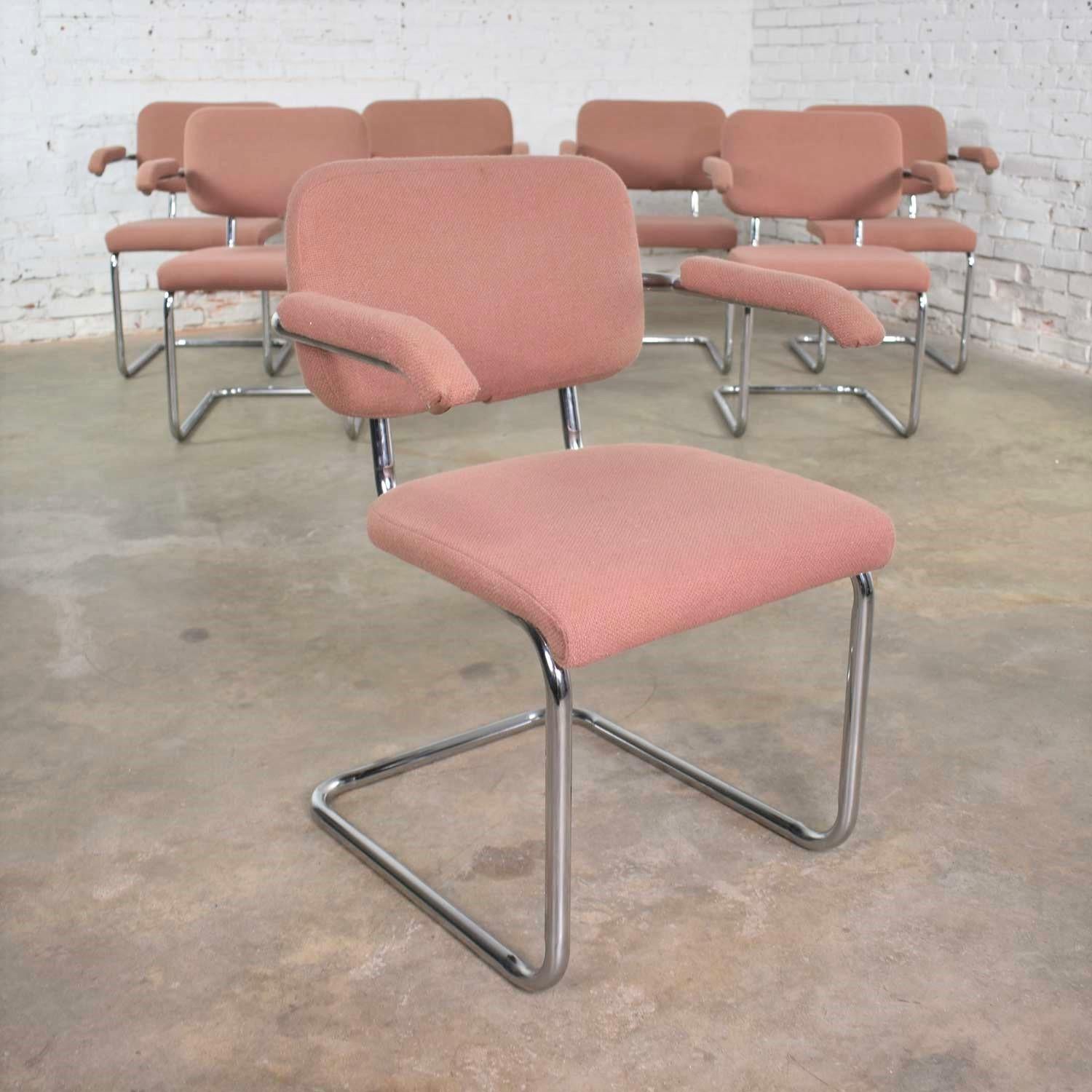 20th Century Set of 7 Cantilevered Chrome and Mauve Breuer Cesca Style Dining Chairs by Virco