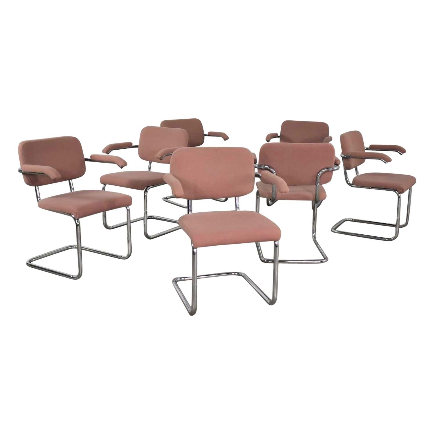 Set of 7 Cantilevered Chrome and Mauve Breuer Cesca Style Dining Chairs by Virco