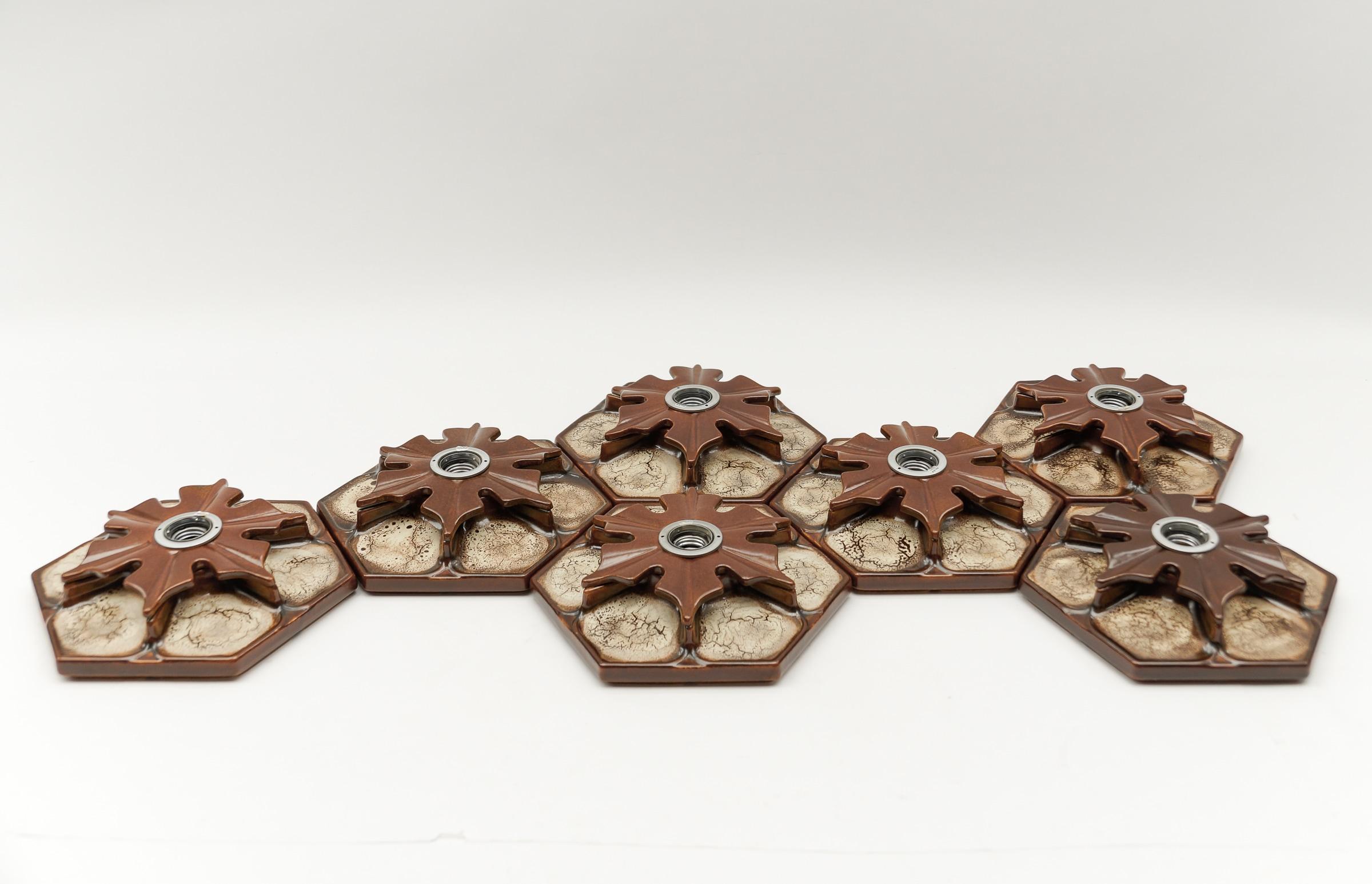 Space Age Set of 7 Ceramic Brown Wall Lights or Flush Mounts, Germany, 1970s For Sale