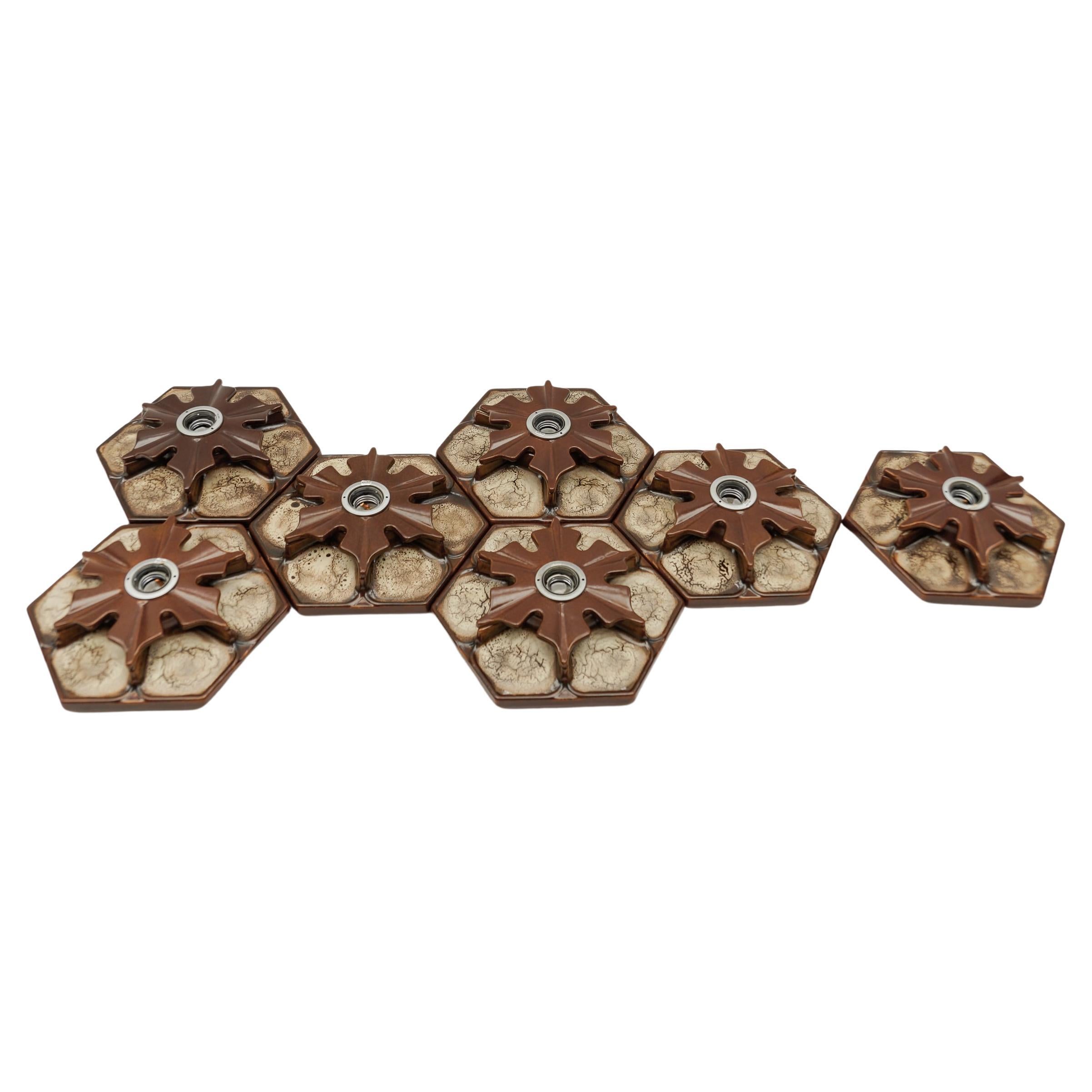 Set of 7 Ceramic Brown Wall Lights or Flush Mounts, Germany, 1970s For Sale
