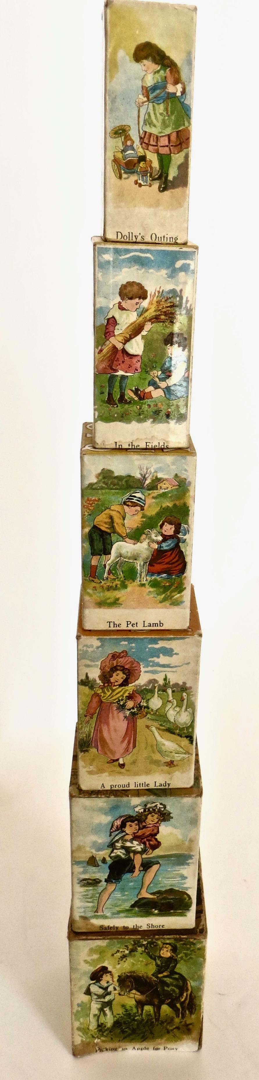 This is a larger set of colorful early 1900's lithographed blocks (seven blocks versus 5 blocks). Considered an early learning device, these turn of the century alphabet blocks were made of chromolithographed paper on hard pressed cardboard, with