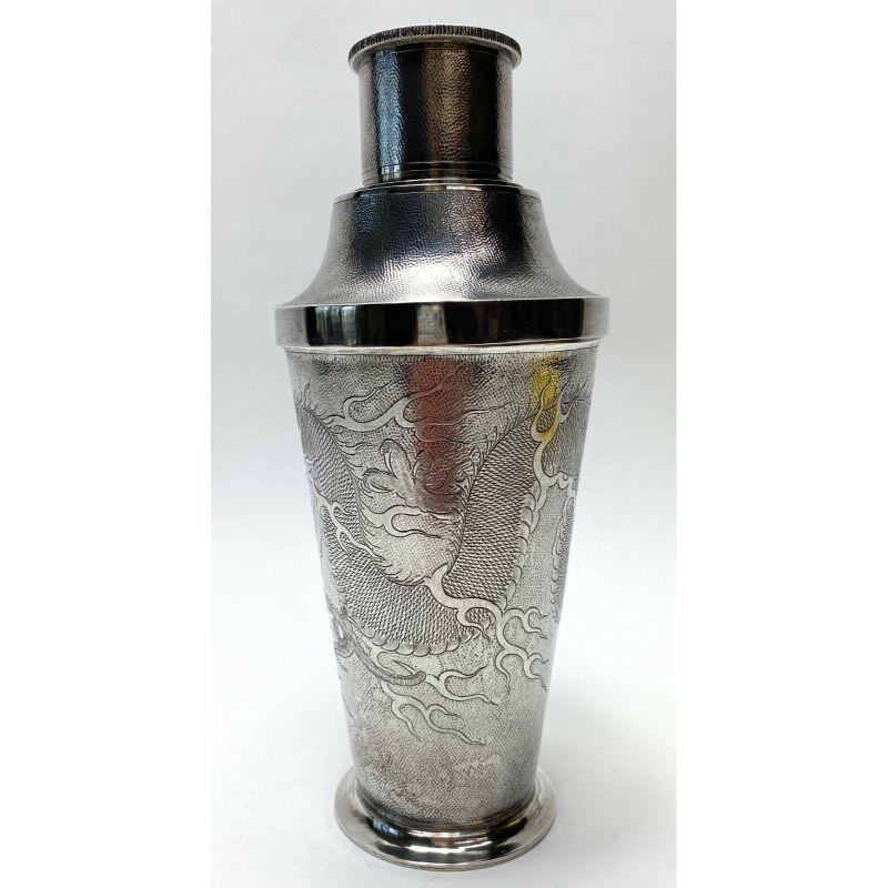 Set of 7 Chinese .900 Silver Martini Shaker & Shot Cups with Dragon Motif, c1920 In Good Condition For Sale In Gardena, CA