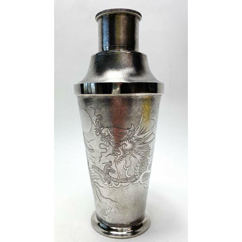 Set of 7 Chinese .900 Silver Martini Shaker & Shot Cups with Dragon Motif, c1920 For Sale 1