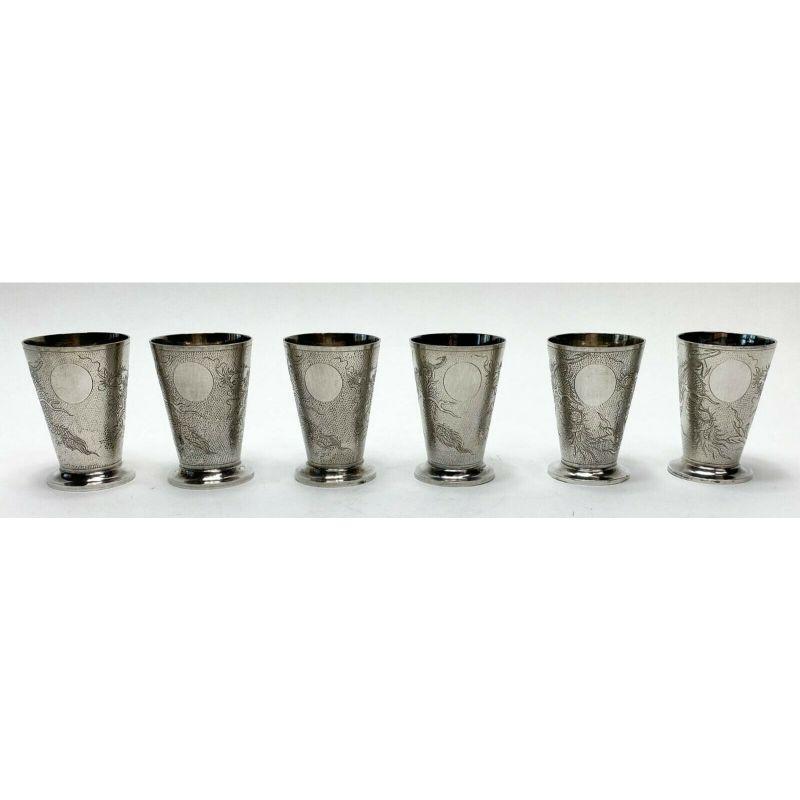 Set of 7 Chinese .900 Silver Martini Shaker & Shot Cups with Dragon Motif, c1920 For Sale 3