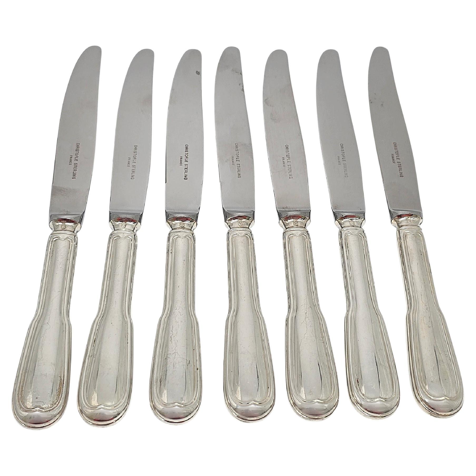 Set of 7 Christofle Sterling Silver Chinon Modern Hollow Knives 9 3/4" #20509