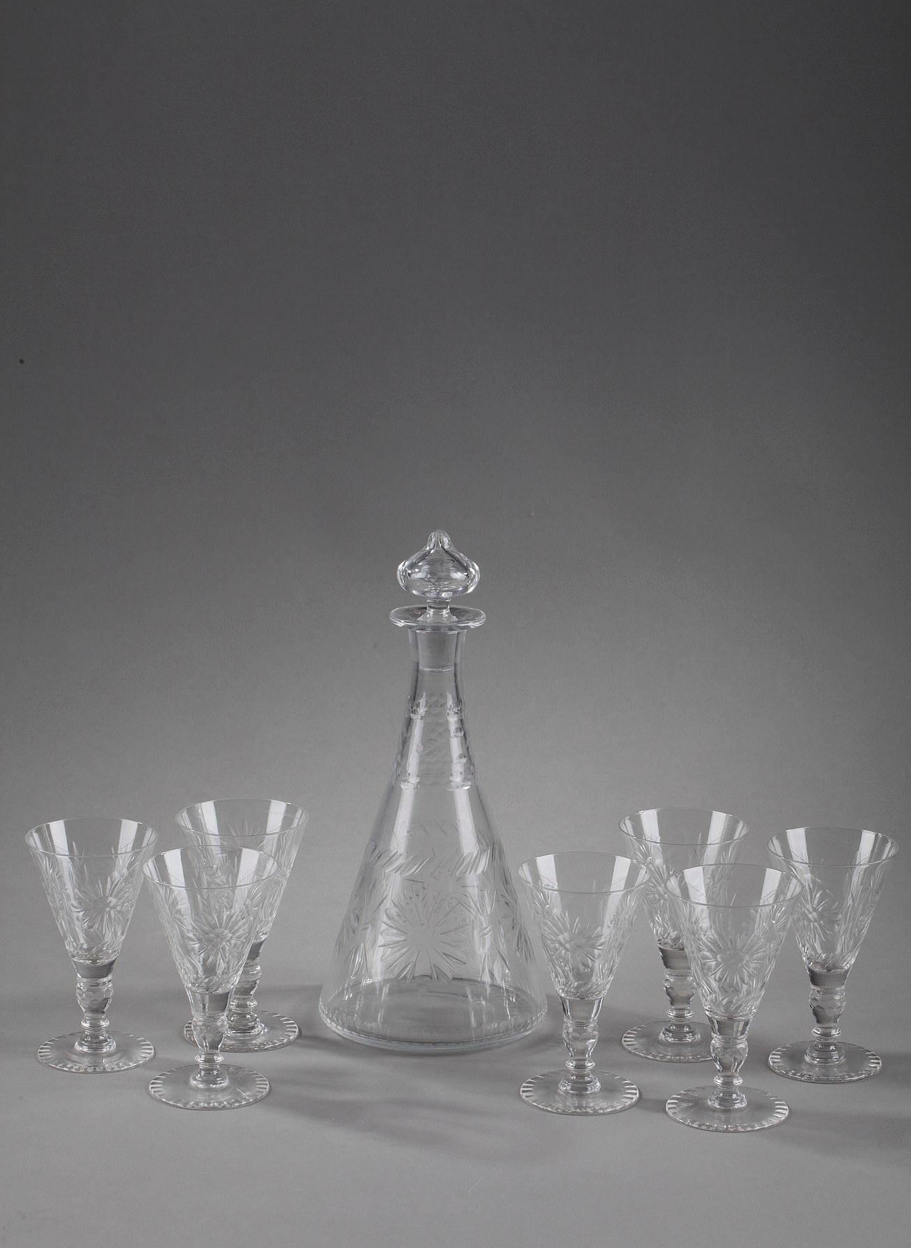 French Set of 7 Crystal Glasses and a Pitcher For Sale