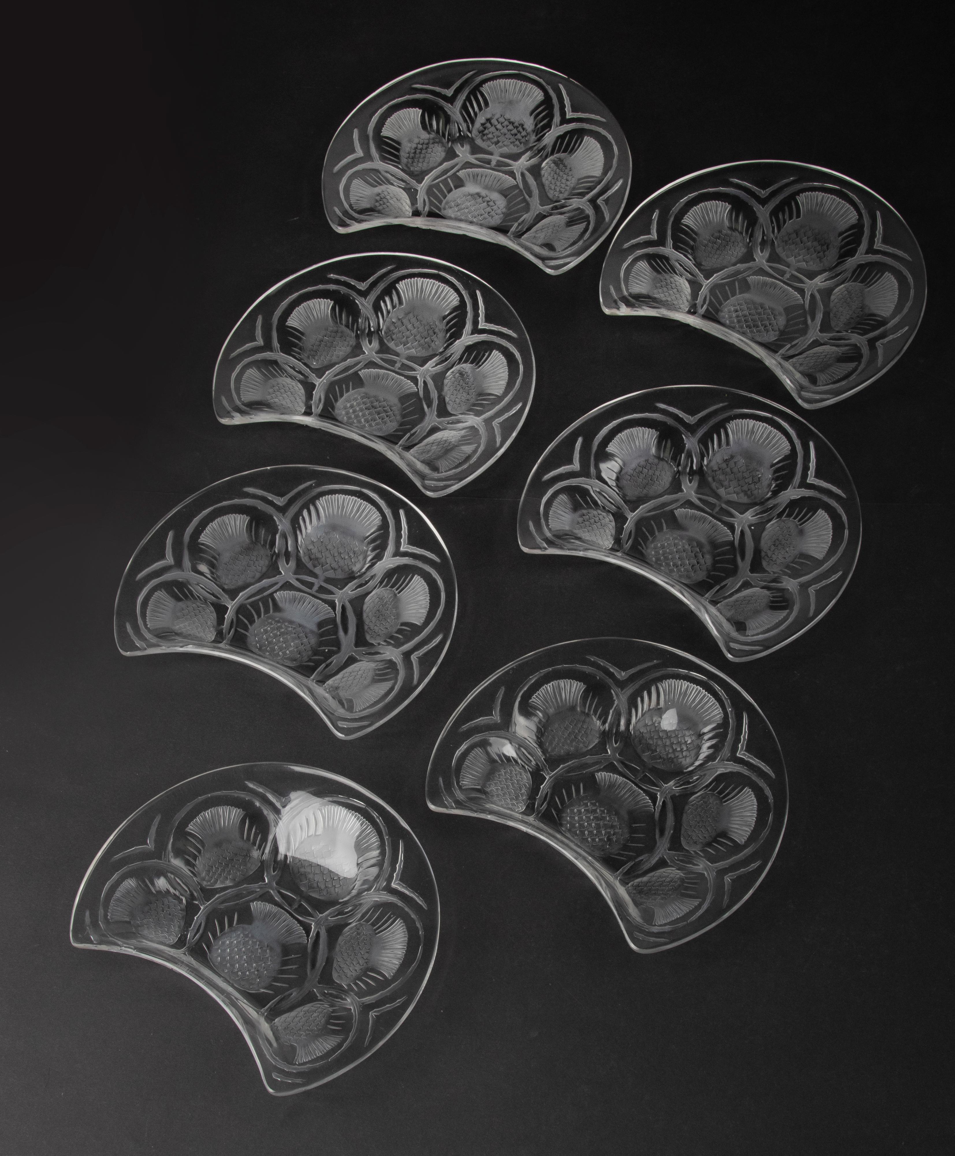 Hand-Crafted Set of 7 Crystal Salad Side Dishes Thistle Flower by Lalique