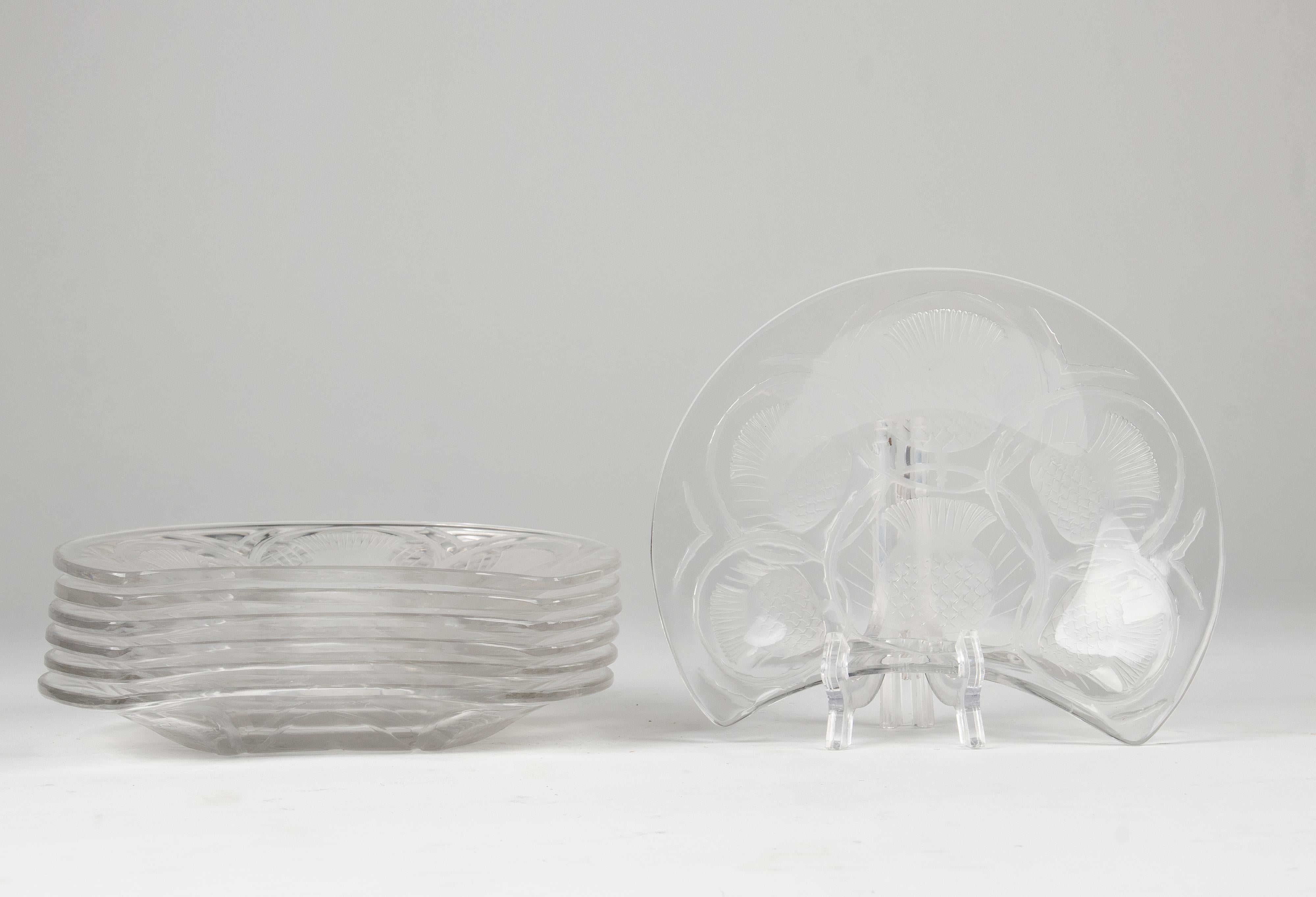 Set of 7 Crystal Salad Side Dishes Thistle Flower by Lalique In Good Condition In Casteren, Noord-Brabant