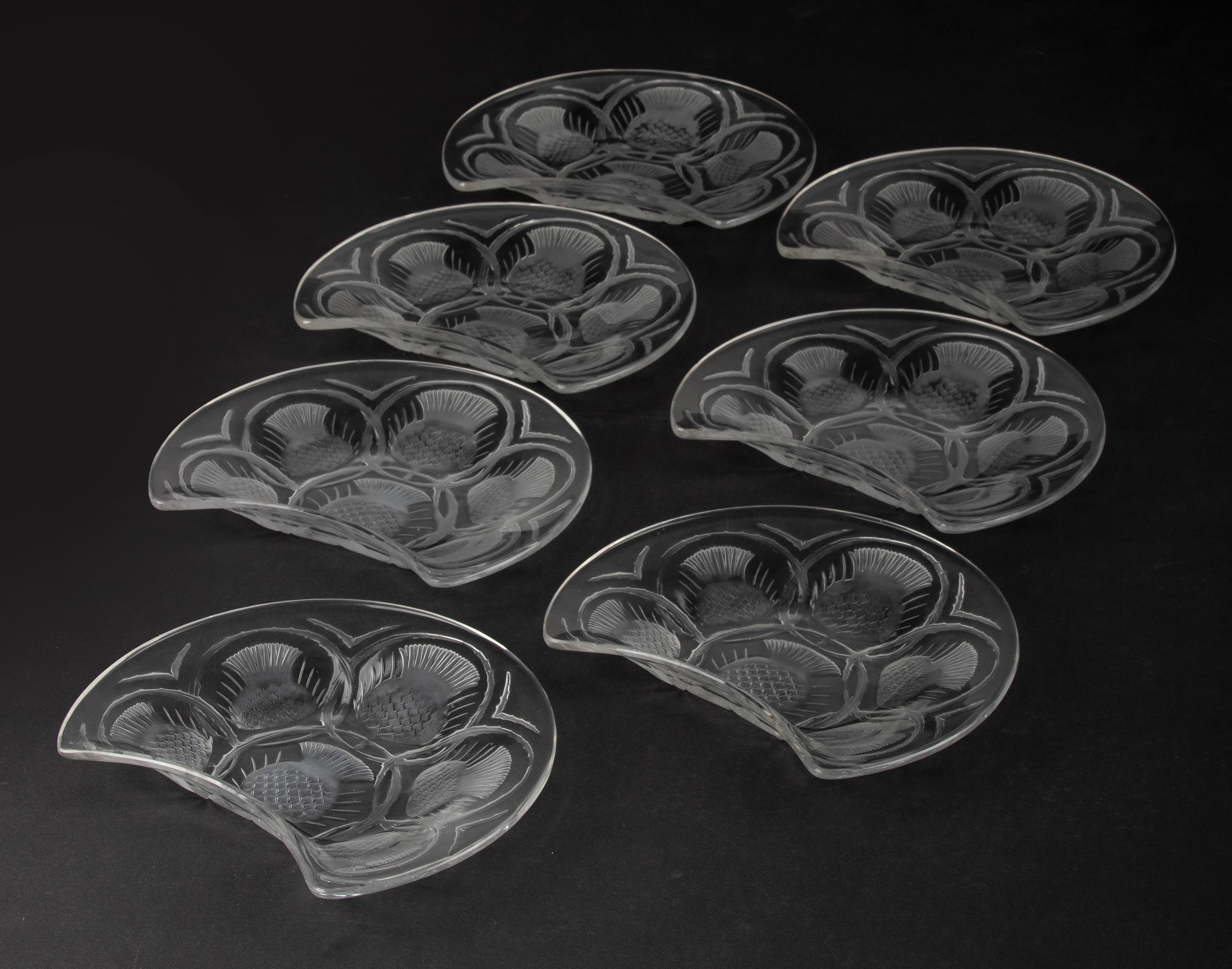 20th Century Set of 7 Crystal Salad Side Dishes Thistle Flower by Lalique