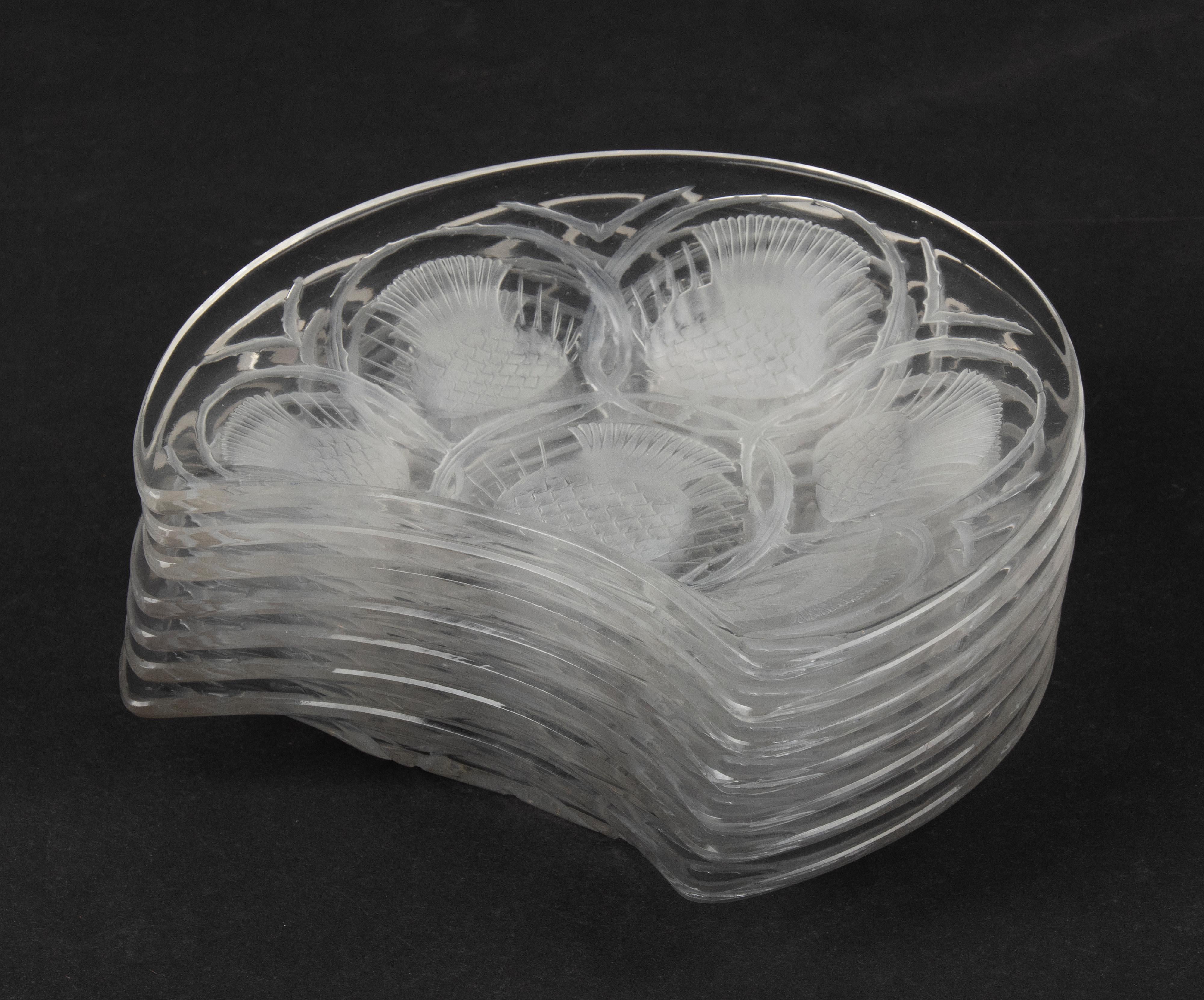 Set of 7 Crystal Salad Side Dishes Thistle Flower by Lalique 1
