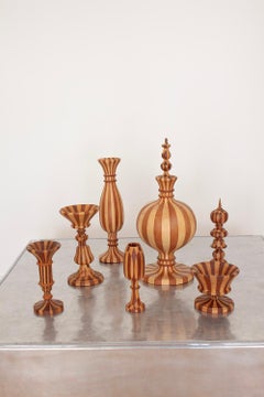 Set of 7 french Decorative Hand Turned Wood Two Toned Striped sculptures
