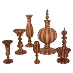 Set of 7 french Decorative Hand Turned Wood Two Toned Striped sculptures