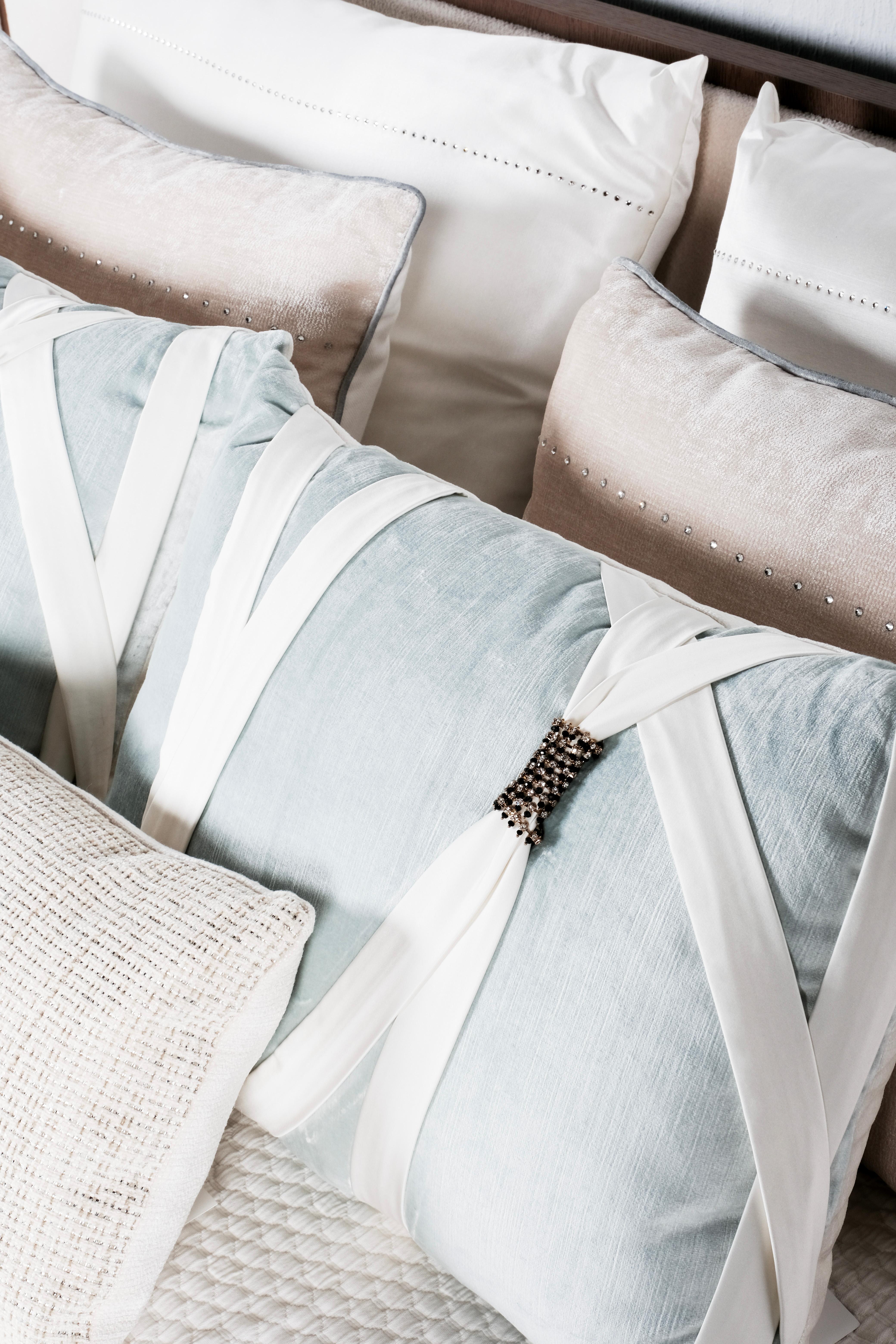 Portuguese Set of 7 Decorative Pillows Pearl Cream Light Blue Swarovski by Lusitanus For Sale
