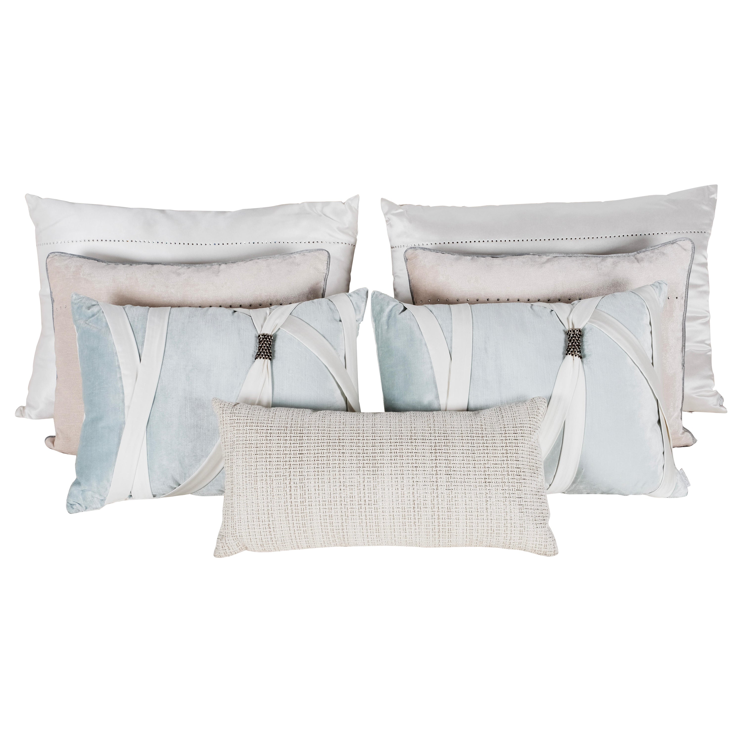 Ensemble de 7 coussins décoratifs perles crème clair bleu Swarovski par Lusitanus