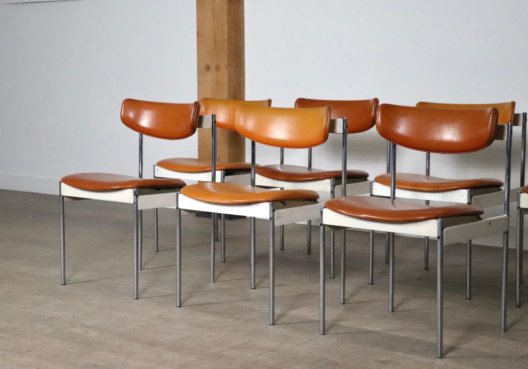 Steel Set of 7 dining chairs by C. Denekamp for Thereca, Netherlands 1960s