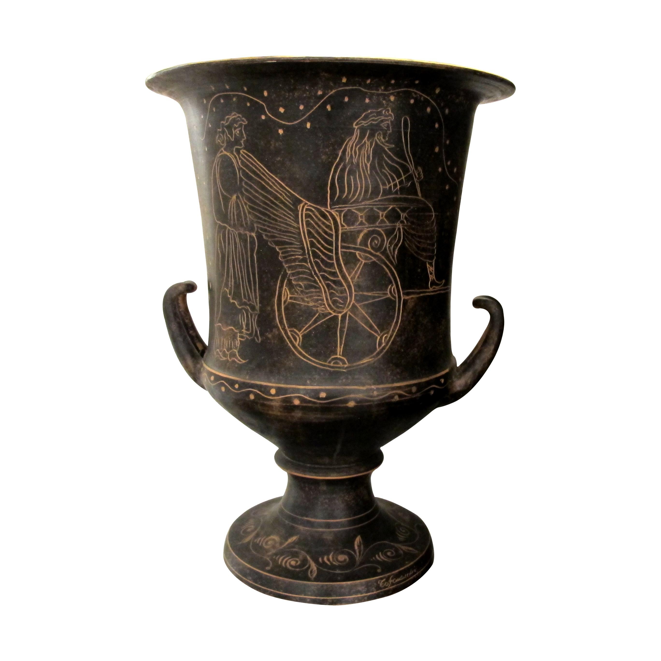 This is a magnificent set of 7 highly decorative early 20th century Etruscan vases which are also known as black-figure pottery painting. Figures and ornaments were painted on the body of the vessel using shapes and colours reminiscent of