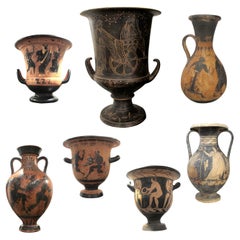 Set of 7 Early 20th Century Decorative Greek Etruscan Silhouette Pottery Vases