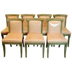 Set of 7 English Regency Style Green Polychromed Side Chairs with Saber Legs