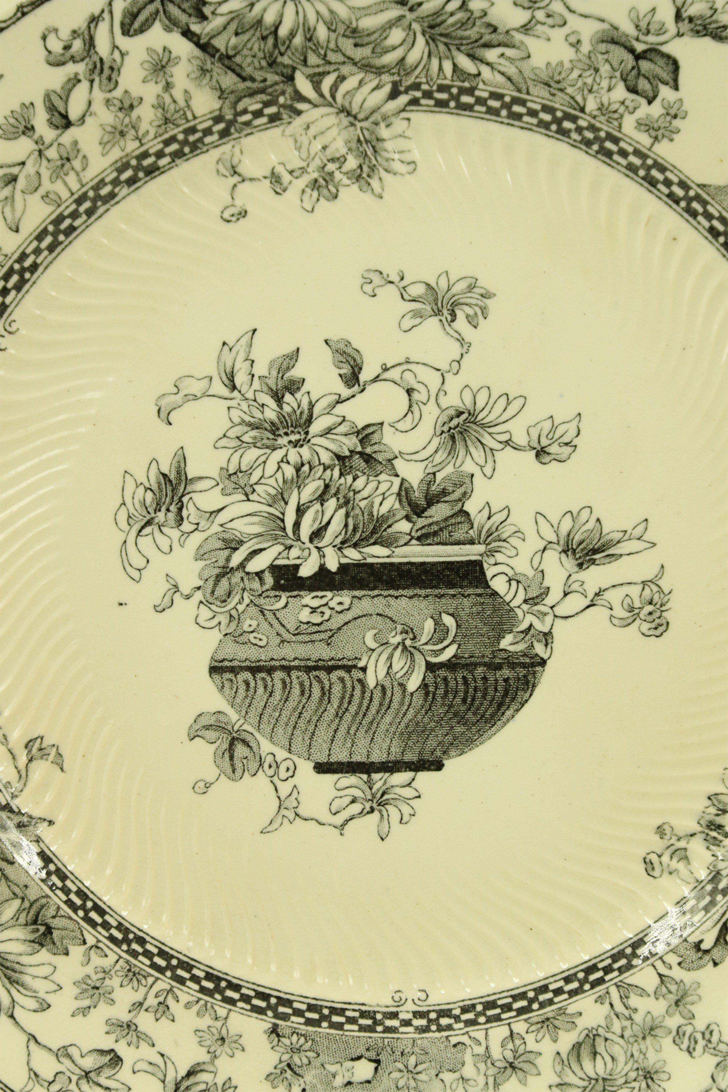 Set von 7 englischen viktorianischen Transferware-Tellern mit schwarzem und cremefarbenem Blumenmuster (Viktorianisch) im Angebot